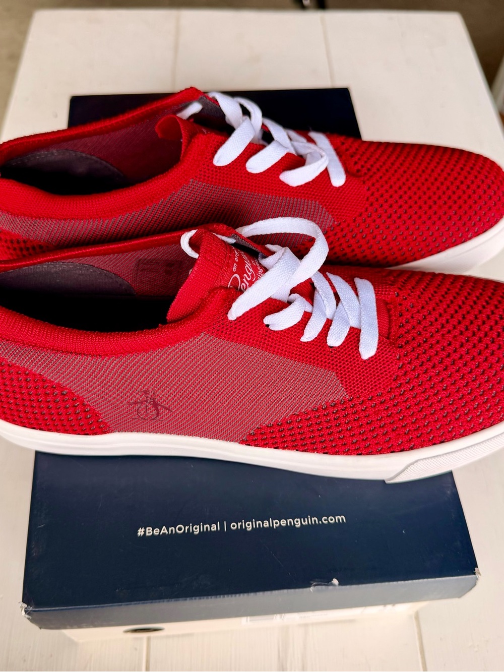 Original Penguin Men's Red Knit Lace-Up Sneakers with White Laces